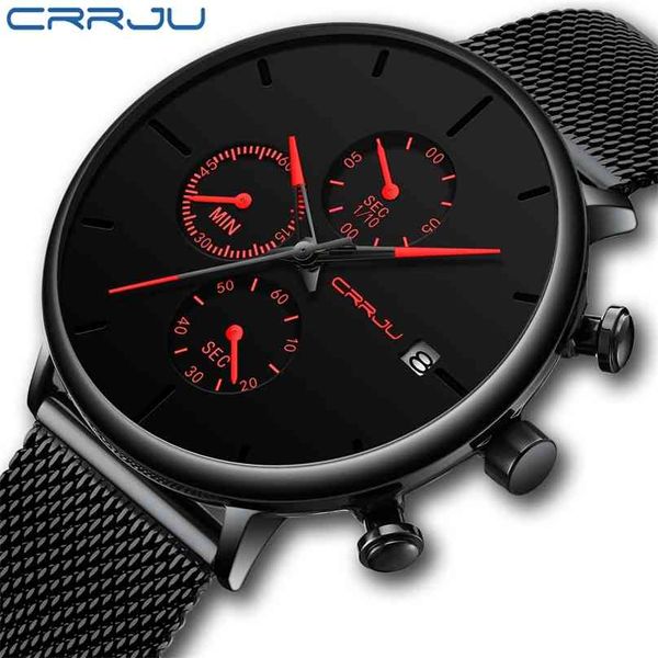 

mens watches crrju luxury sport wrist watch unique design stainless steel auto date mesh strap men fashion casual quartz 210609, Slivery;brown