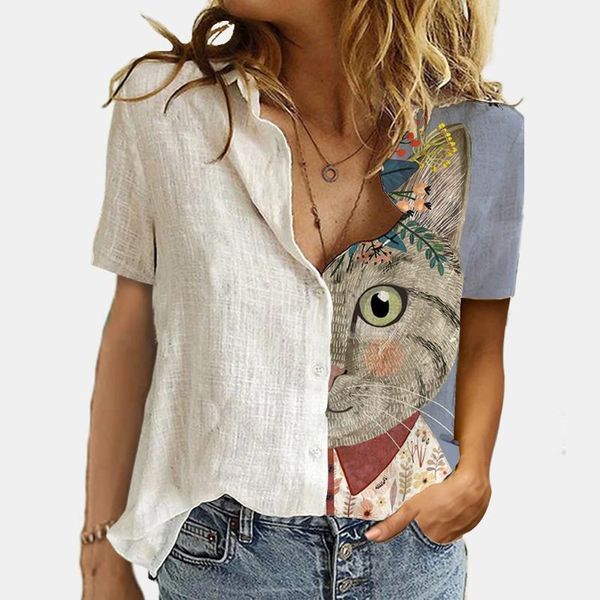 

women's t-shirt retro ladies summer patchwork buttoned shirt short-sleeved casual loose printed cat oversized 2021, White