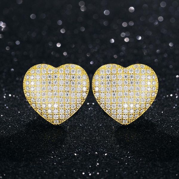 

stud heart moissanite earring 925 sterling silver for women hip hop jewelry bling engagement gift, Golden;silver