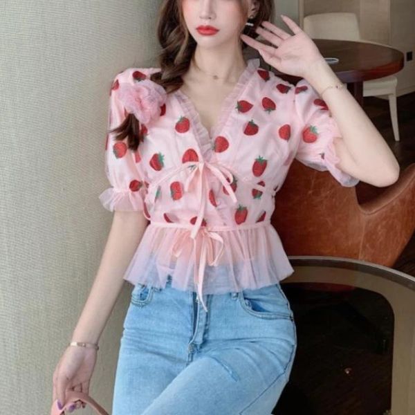 

women's polos kawaii strawberry women summer designer v-neck lace elegant sweet shirt chiffon puff sleeve holiday casual 2021, White