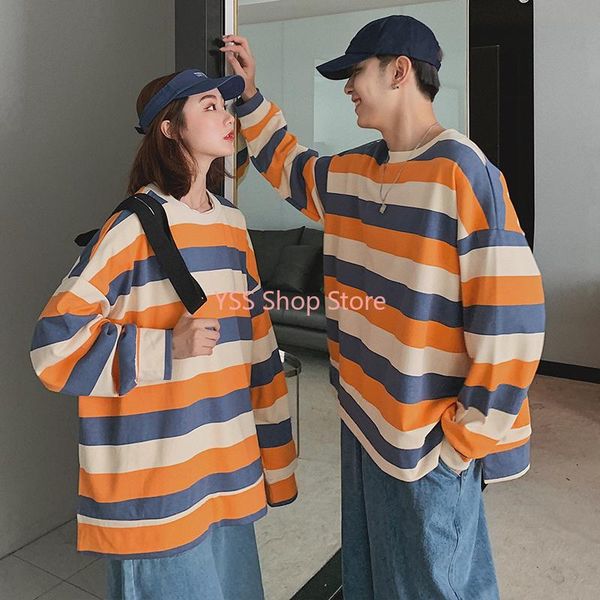 

men's t-shirts korean version autumn striped couples funny t shirts pullover long sleeves brief kpop clothes oversized hip hop men top, White;black