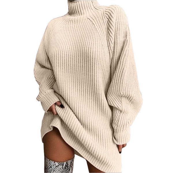 

women winter knee-length ribbed turtleneck dress raglan sleeve sweaters knitted pullover overall dresses solid loose oversize knitwear bouti, White