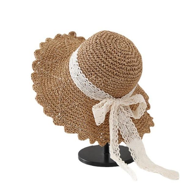 

small fresh japanese wild lace strap bow hat female summer outing big eaves beach sun wide brim hats, Blue;gray