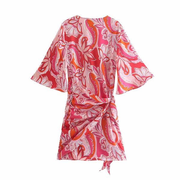 

summer women printed short pleated dress v-neck short sleeves casual fashion chic lady woman short sundress 210709, Black;gray
