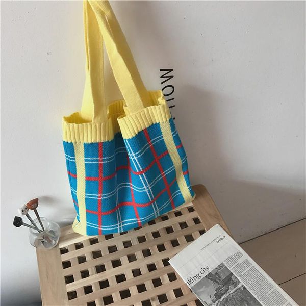 

evening bags fashion women woolen knitting shopping plaid numbers female large capacity big tote handbag foldable casual shoulder bag