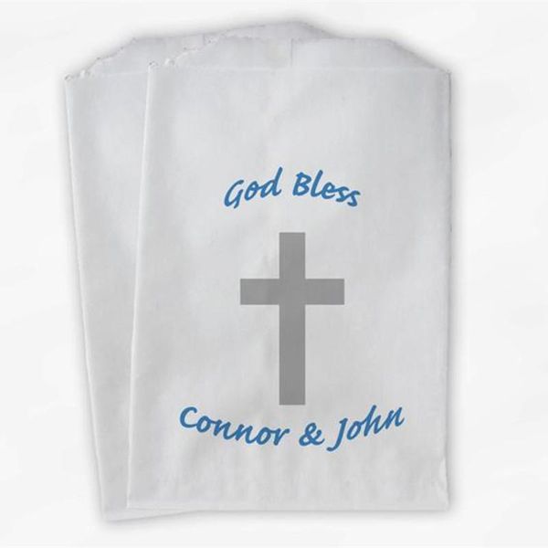 

gift wrap custom religious favor bags - blue and gray baptism, christening, communion paper treat
