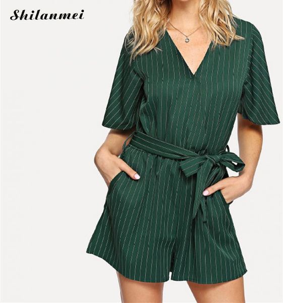 

women's jumpsuits & rompers 2021 fashion casual v neck short sleeve high waist striped women romper summer female jumpsuit with belt gr, Black;white