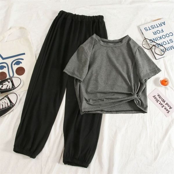 

qweek korean style tees + high waist wide leg pants solid two pieces pajama set women loose sleepwear home suit 210330, Black;red