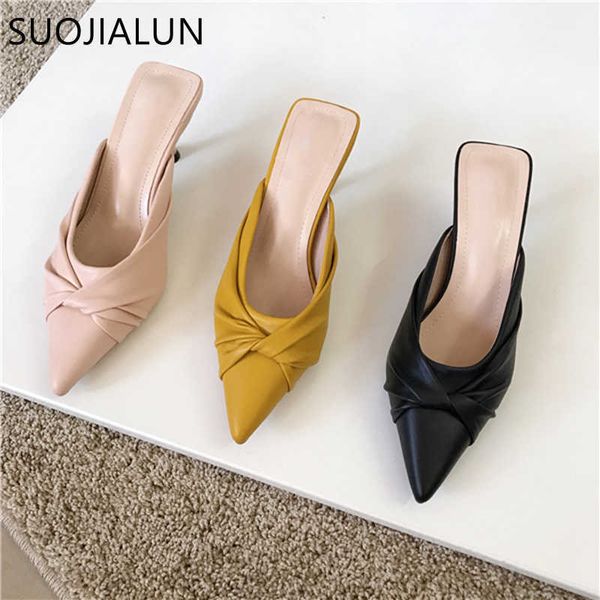 

suojialun women slippers pointed toe bow-knot slip on mules shoes fashion outside shallow low heel slides ladies dress shoes 210630, Black