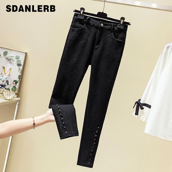 

plus size black jeans woman high-waistband elastic pencil pants rivet denim trousers lady casual soft tights femme women's, Blue