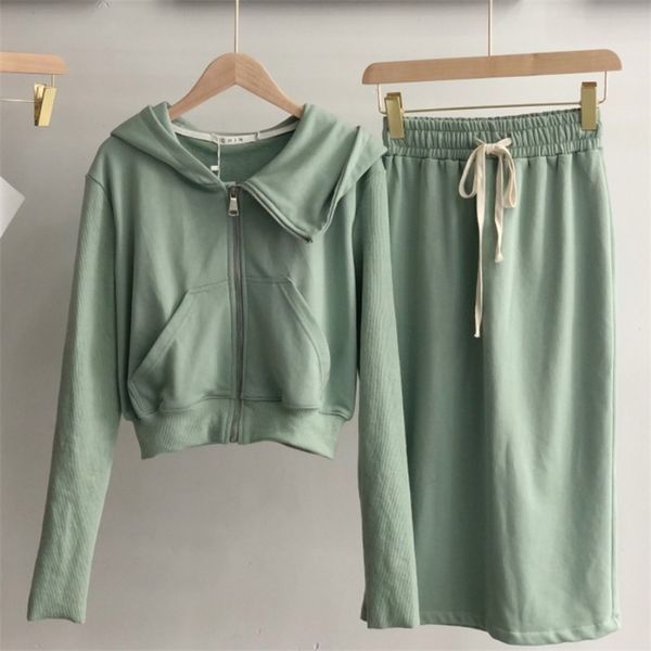

korean spring women 2 pieces set fashion tracksuit casual hooded zipper jacket coat + high waist midi skirt suit 210519, White