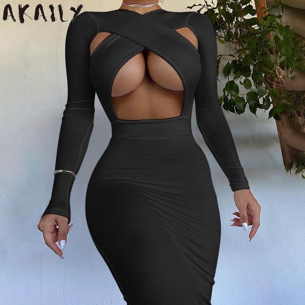 

casual dresses akaily white cross hollow out long sleeve summer bodycon for women 2021 black elegant midi dress female, Black;gray