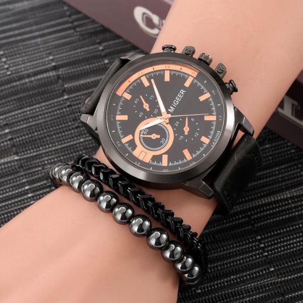 

wristwatches sport retro men watch set business elegant quartz clock leather strap casual luminous bracelet day present for friend, Slivery;brown