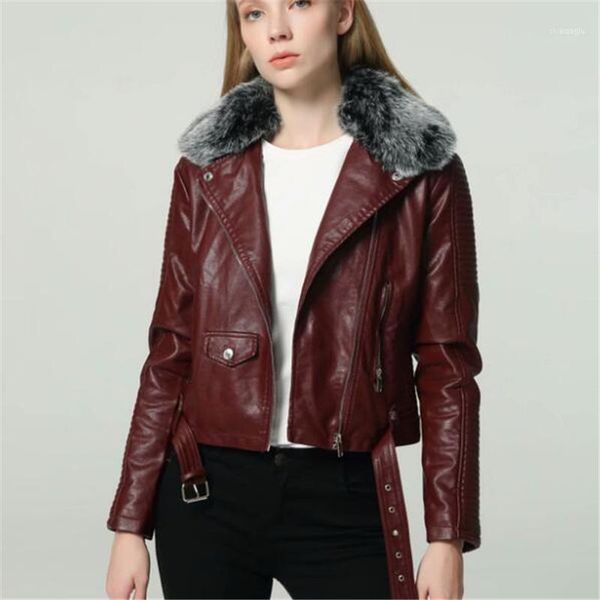 

elegant temperament winter clothing motorcycle short jacket women coat lapel detachable fur collar pu leather coat1, Black