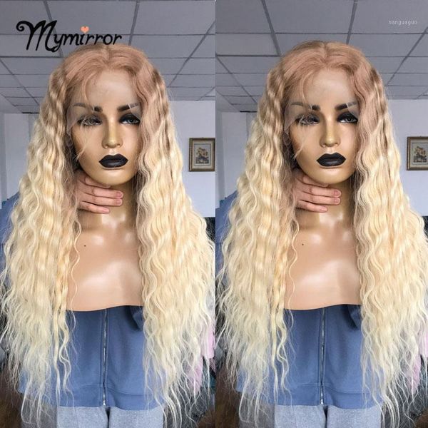 

mymirror curly hair ombre blonde lace front wig 13x6 ear to frontal #613 transparent wigs 150% density1, Black;brown
