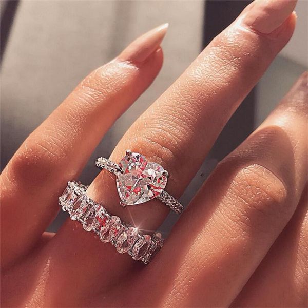 INS Top Sell Wedding Rings Deluxe Ювелирные Изделия 925 Стерлинговые Серебряные Серебряные Сердца Форма White Topaz CZ Diamond Gemstones Eternity Ручной работы Женщины Обручали для Свадебного кольца Подарок