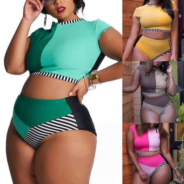 

piece split push up bandage beachwear women's fashion stripe printing stitching high waist large size swimsuit 2021 ropa swimwear, White;black