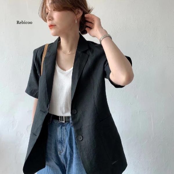 

women's suits & blazers women jackets korean cotton linen casual blazer loose short sleeve suit coat summer solid vintage elegant outwe, White;black