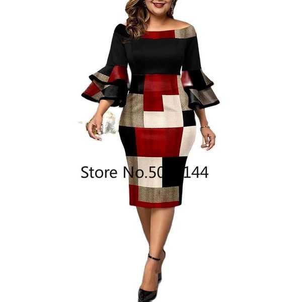 

ethnic clothing plus size dresses elegant geometric print wedding party dress 2021 autumn women layered bell sleeve chic evening prom 5xl, Red