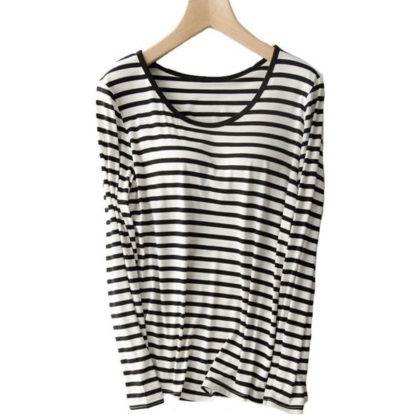 

built in bra t shirt womens sleepwears modal striped soft long sleeve padded lingerie lounge loose breathable sleeping clothing, Black;red