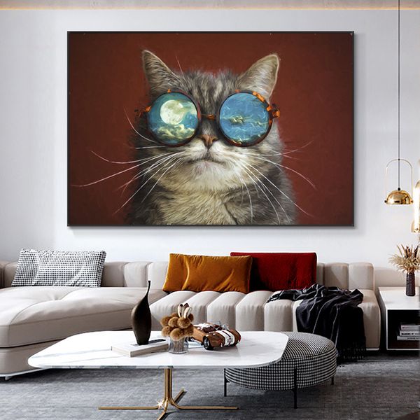 Katze mit Brille Poster Leinwand Malerei Wand Kunst Bilder für Wohnzimmer Tier Poster und Drucke moderne Wohnkultur Cuadros