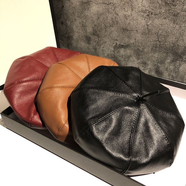 

winter beret cap fashion women pu leather beret hat laides autumn retro beanie caps british painter hats boinas para mujer, Blue;gray