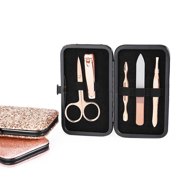

nail art kits 5pcs christmas gift manicure set glitter rose gold clipper glass file scissors tweezers tools travel kit beauty leather bag