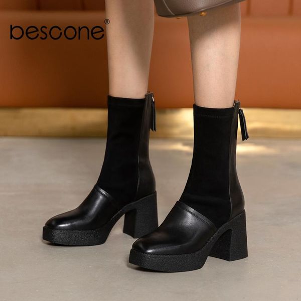 

boots bescone winter woman shoes genuine leather patchwork chunky super high heel ladies platgorm thick bottom bo710, Black