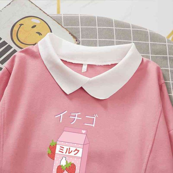 

cute pink cartoon drink sweatshirt turn-down collar japanese oversized long sleeve hoodie kawaii pocket women sweatshirts, Black