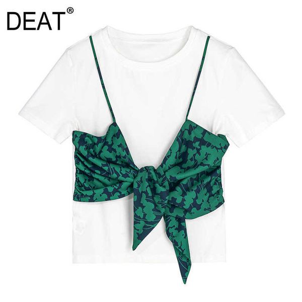 

[deat] summer fashion round neck splicing bow short sleeve fake two personality women t-shirt 13c983 210527, White
