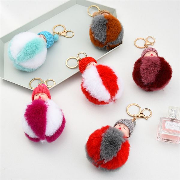 

kimter cute sleeping baby key rings holder creative fluffy pompom fur keychain women girl bag pendant keyring fashion jewelry p49fa, Slivery;golden