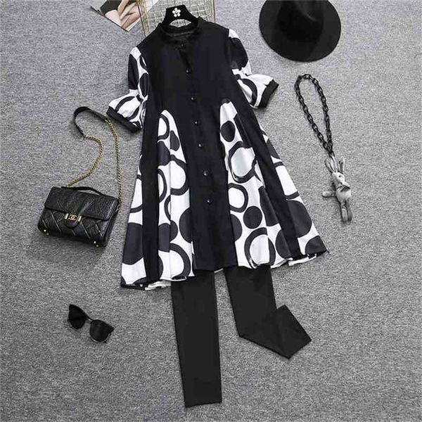 

plus size women circle printing a-line long shirt dress 2 piece set loose and leggings outfits 210602, White