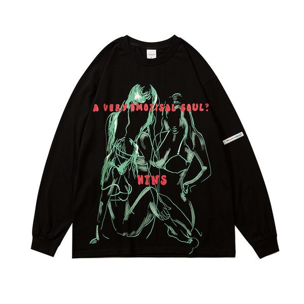 

high street fashion brand printed long sleeve pullover autumn and winter men's dark hip hop large size sweater casual top, Black