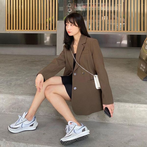

women's suits & blazers 2021 women solid black brown loose blazer casual all-match single breasted back split fashion korean style stud, White;black