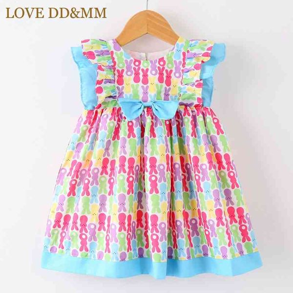 LOVE DDMM Mädchen Kleider Sommer Kinderkleidung Mädchen Niedlichen Cartoon Kaninchen Druck Bogen Lotusblatt Ärmel Kleid 210715