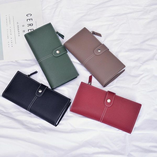 

wallets korean version of the long two-fold clutch bag fashion pu leather zipper button wallet solid multi-purpose card, Red;black