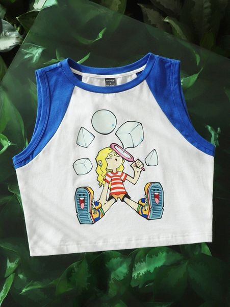 

x the thunda collection colorblock figure graphic crop tank o8w4#, White