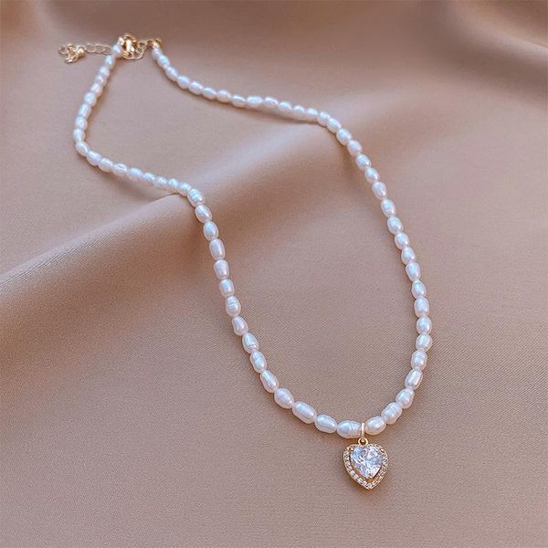 

chains natural freshwater pearl chokers necklace love heart zircon pendent french retro female fine jewelry for women, Silver