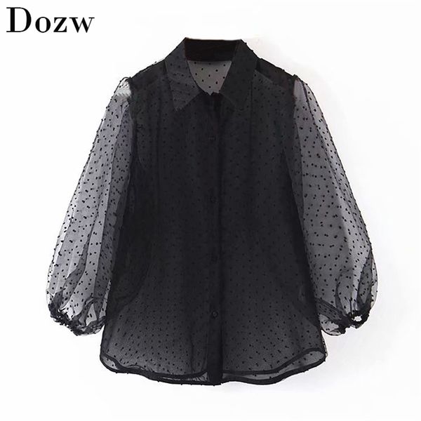 

dots embroidery women elegant organza blouse lantren sleeve black see through chic casual turn down collar shirt blusas 210515, White