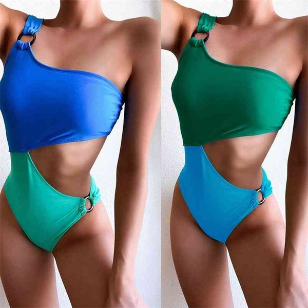 Patchwork Scava Fuori Anello in resina Costumi da bagno sexy Donna Monospalla Body senza schienale Costume da bagno Donna Verde pezzo Bikini sportivo 210604