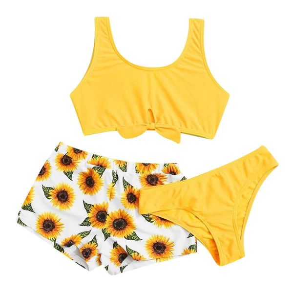 

baby clothes girls' summer cute crisscross sunflower floral print three-piece swimsuit dress girl swimwear one-pieces, Black