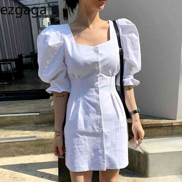 Ezgaga coreano chique elegante vestido mulheres puff manga curta quadrado colarinho único-breasted sólido cintura alta vestidos senhora moda 210430