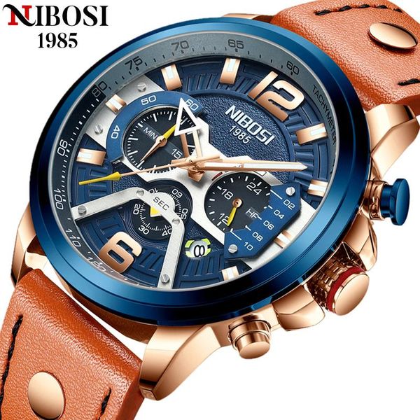

wristwatches nibosi watch for men retro fashion leather wristwatch quartz watchs 3atm waterproof sport chronograph relogio masculino, Slivery;brown