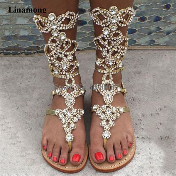 

summer fashion ladies bling rhinestone flat gladiator sandals click toe crystal beach booties big size 44, Black