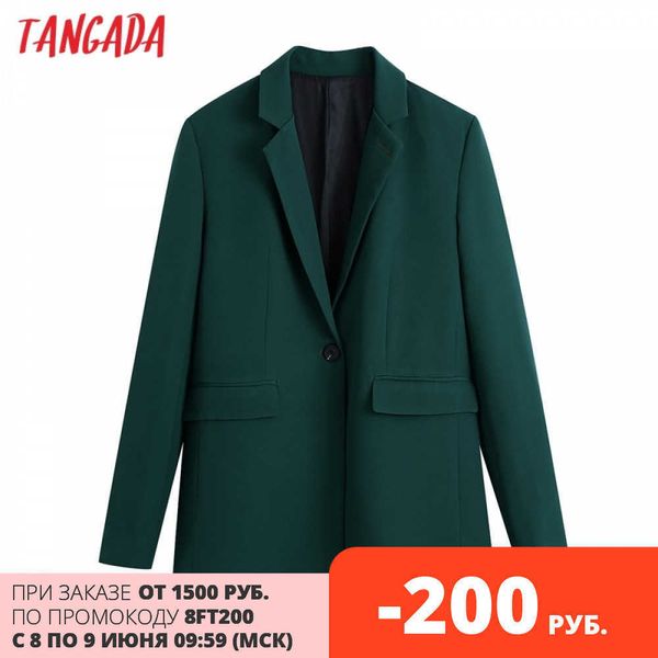 Tangada Frauen Büro Tragen Single Button Grün Blazer Mantel Vintage Langarm Zurück Vents Weibliche Oberbekleidung Chic Veste BE413 210609