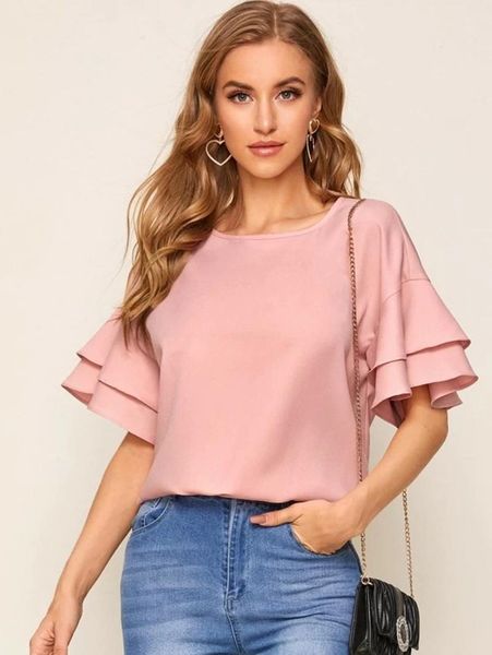

women's t-shirt summer 2021 turtleneck round neck short sleeve loose horn ruffle commuter pure color, White