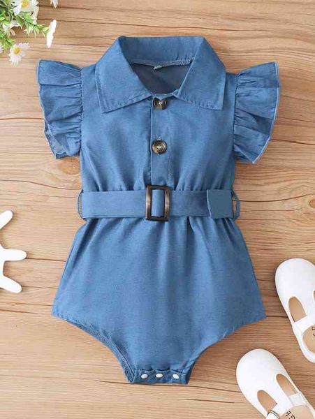 

baby ruffle trim half button belted bodysuit she, Blue