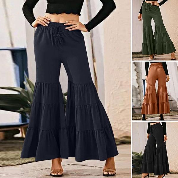 

stylish women's wide leg trousers 2021 zanzea long pantalon palazzo autumn drawstring solid turnip plus size casual ruffle pants & capr, Black;white