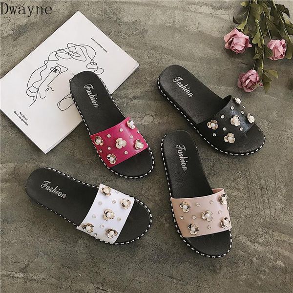 

slippers summer ladies flat female students rhinestone fashion wear non-slip, Black