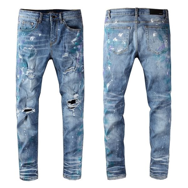 Nova chegada mens designer jeans luz azul buraco pulverizador pintura de pintura moda homens calças slim motocicleta motocicleta hip hop pant s top qualidade tamanho 28-40